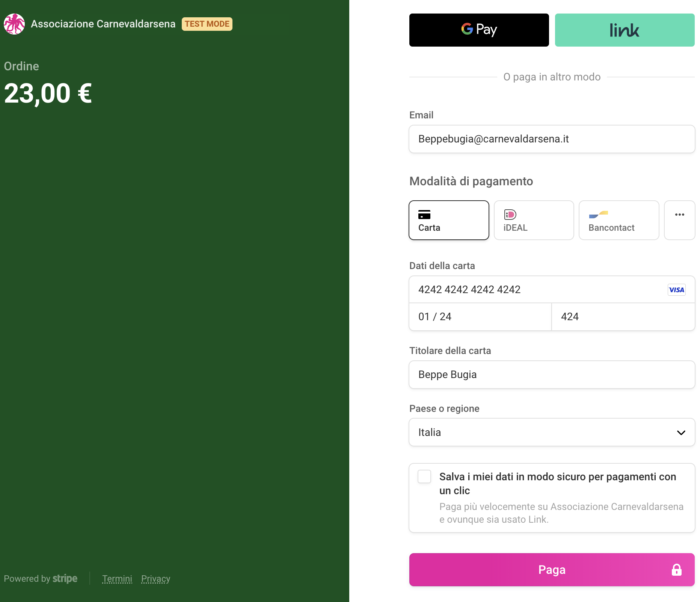 Paga con Stripe, Apple Pay o Carta